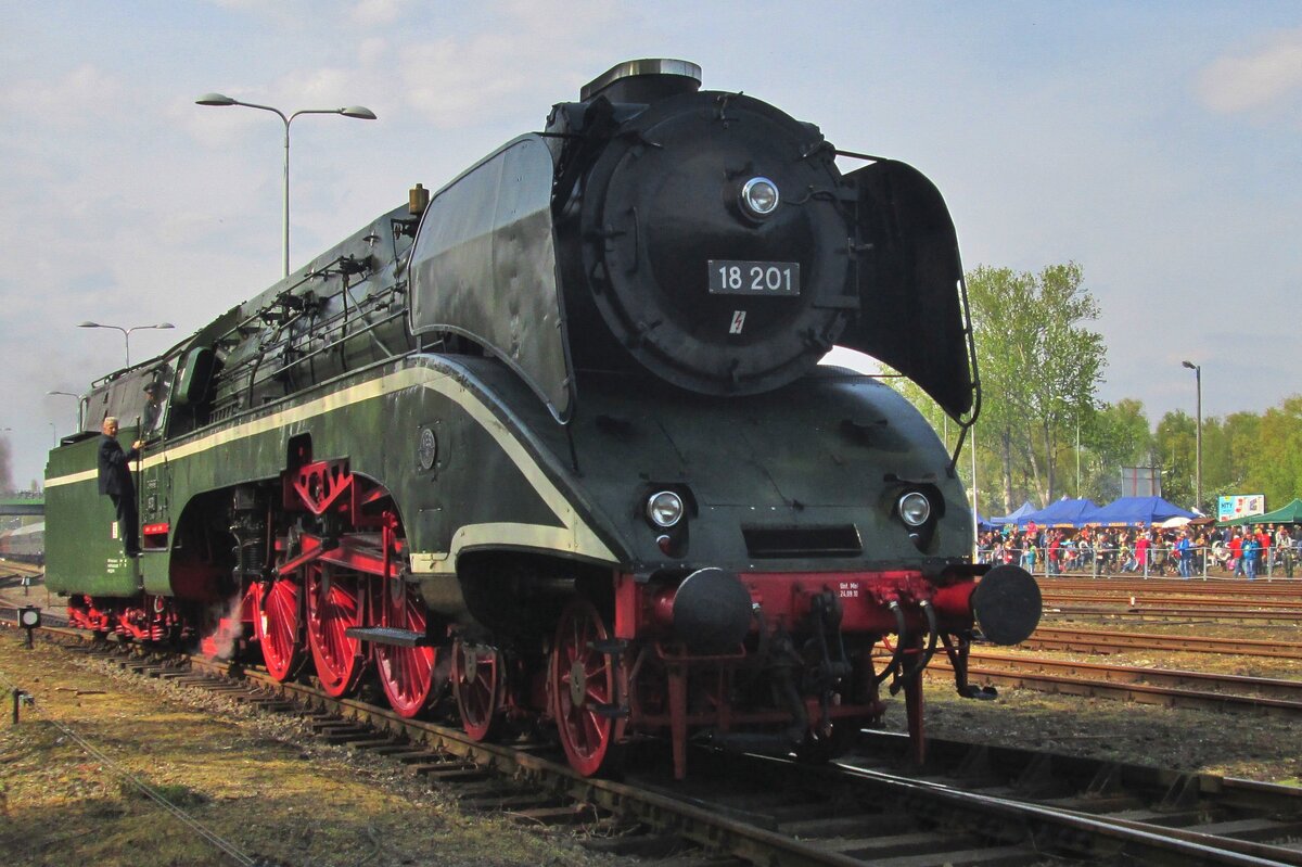 On 30 April 2016 the fastest active steamer in the world 18 201 prepares at Wolsztyn for her part in the annual loco parade. 