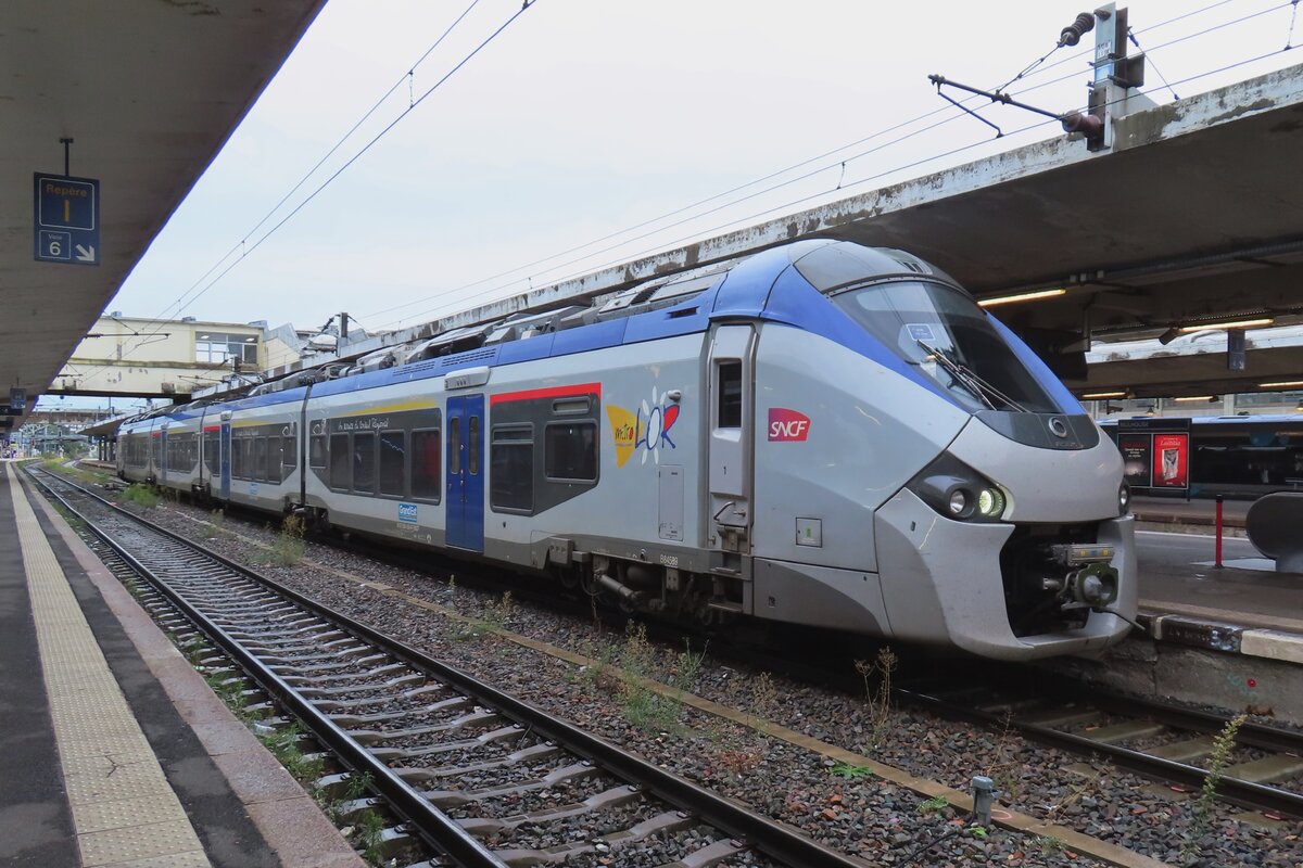 On a damp morning of 18 September 2023 SNCF Regiolis 84589 calls at Mulhouse.