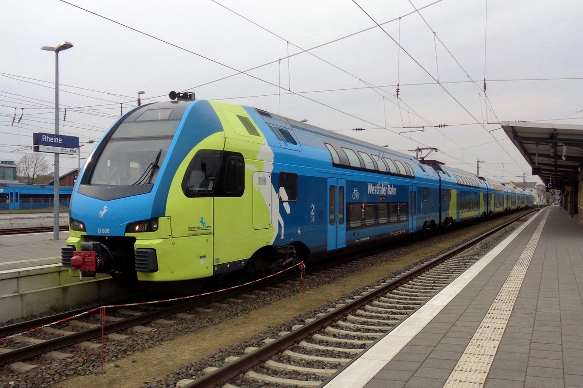 On a grey 9 April 2018 Westfalenbahn ET606 calls at Rheine.