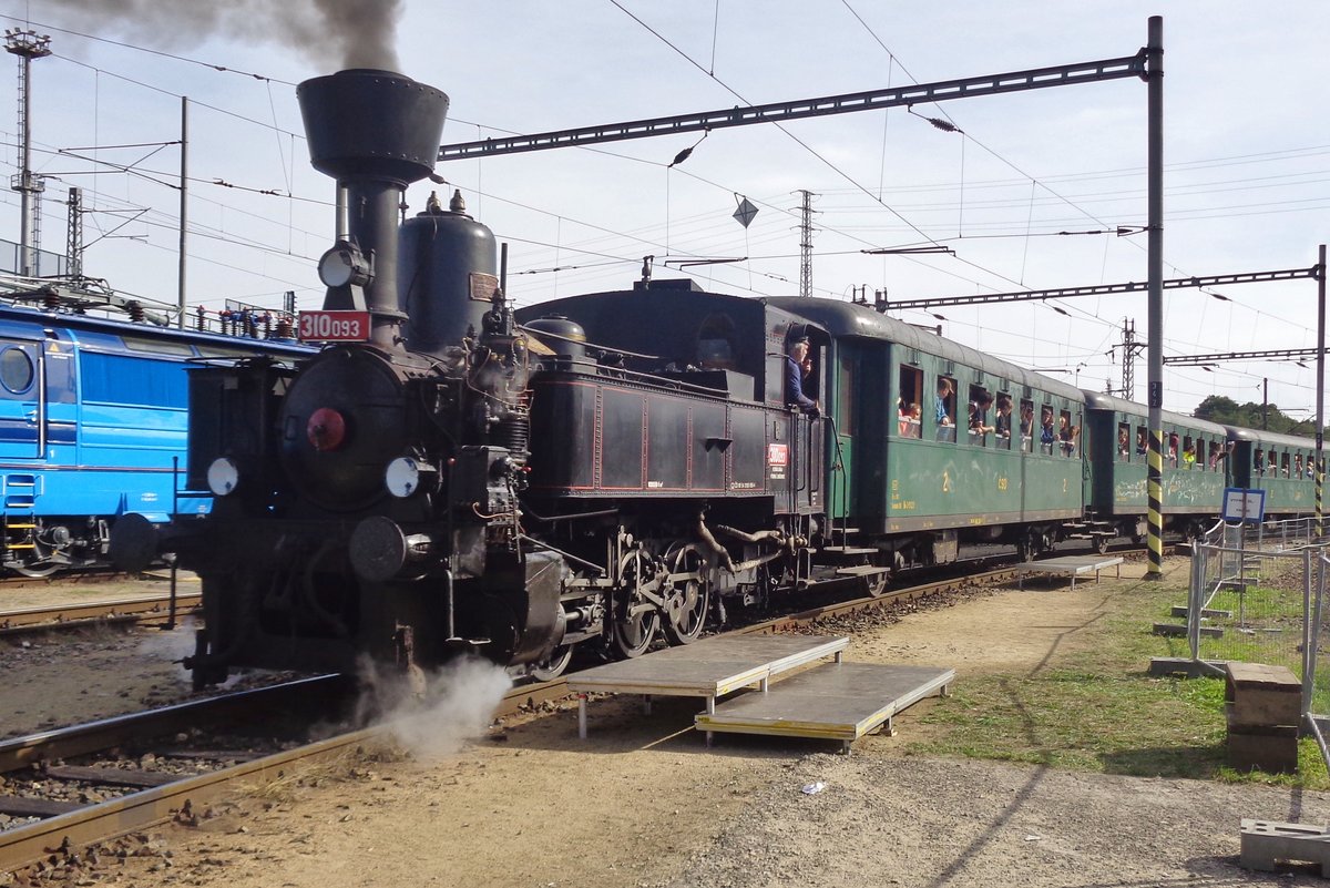 On the terrain of the CD-works at Ceske Budejovice, 310 093 hauls a steam train during the Open Day on 23 September 2018.