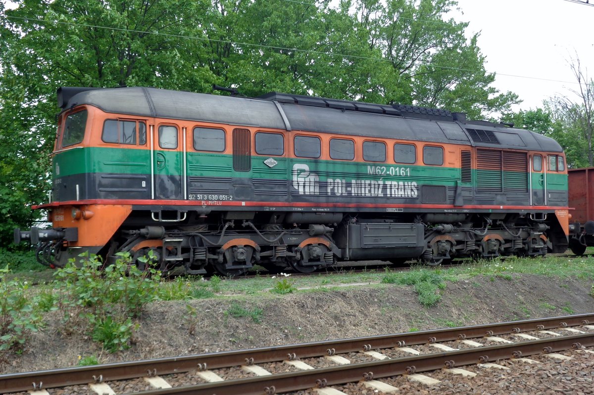 Pol-Miedz Trans M62-161 stands at Jaworzyna Slaska on 2 May 2018.