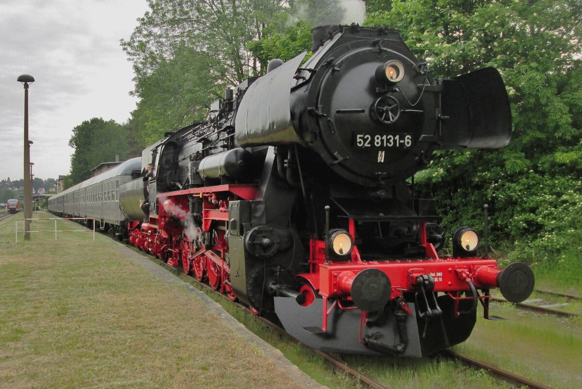 Quasi Interzonenzug with ex-East German Kriegslok 52 8131 and West-German coaches seen on 23 May 2015 in the Traditionsbw Nossen.