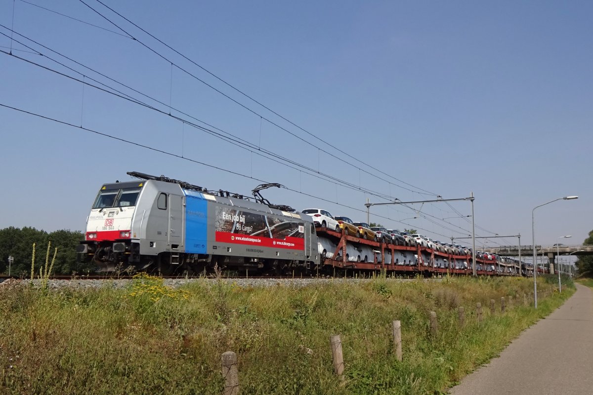 Railpool 186 503 hauls a car carrying train through Niftrik on 9 August 2020.