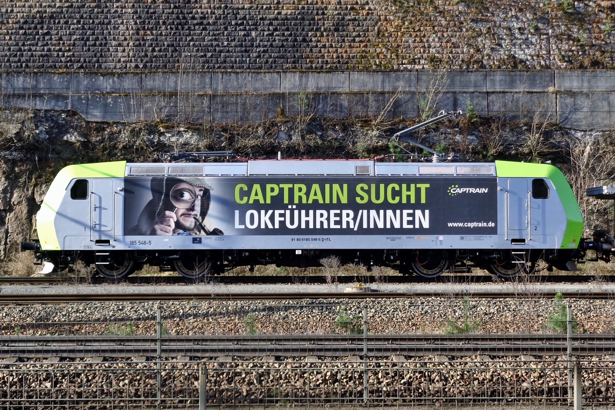 Rather than solving  a Scandal in Bohemia  (just around the corner from Bad Schandau, where this photo was taken on 6 April 2018), Sherlock Holmes was asked by CapTrain to solve the Problem of the Lacking Loco Drivers, as advertised on 185 548.