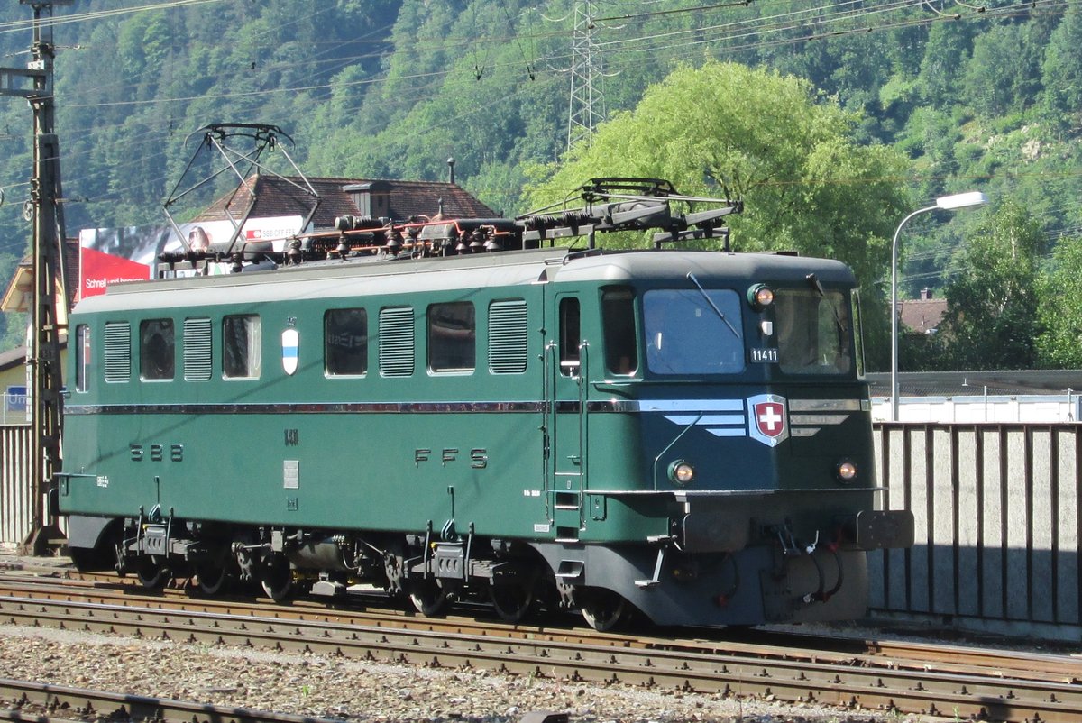 Recently transferred to SBB Historic and already taking part in the condition trips at Erstfeld is 11411 on 5 June 2015.