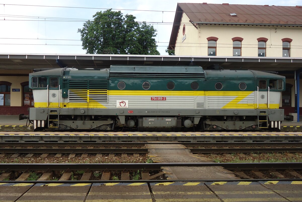 Retro liveried 754 055 stands in Vrutky on 30 May 2022.