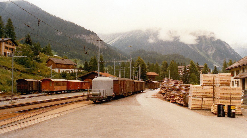 Rhaetian Railway - wagons (freight cars) parked near station Bergün, August 1987