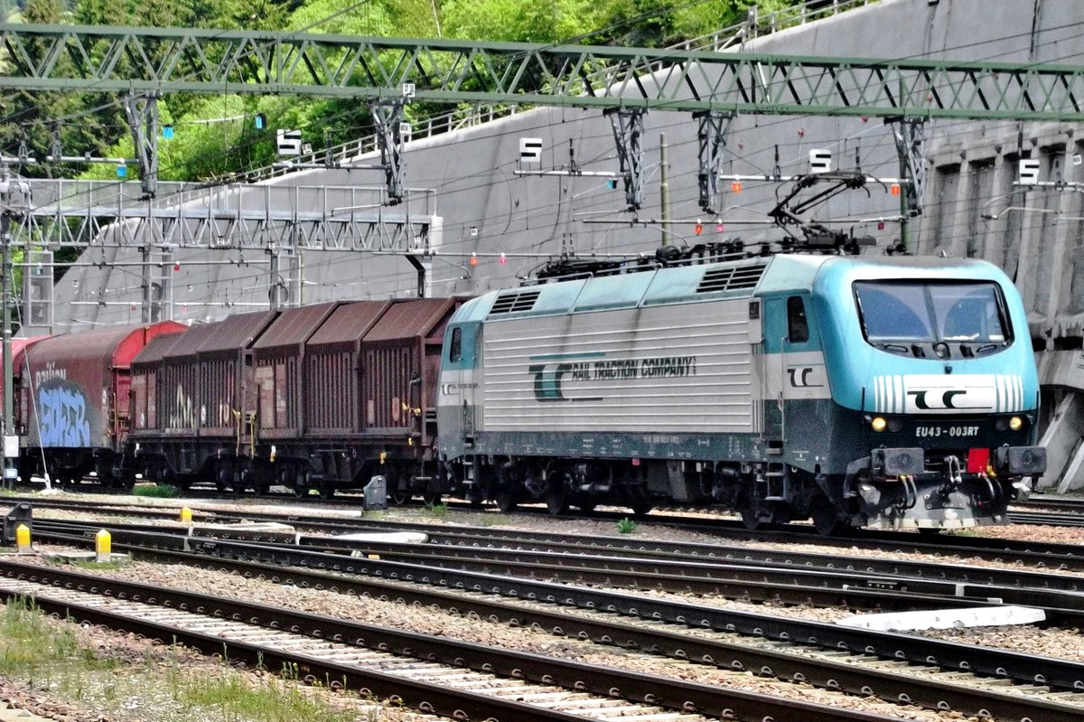 RTC EU43-003 hauls a steel train out of Brennero on 4 June 2015.