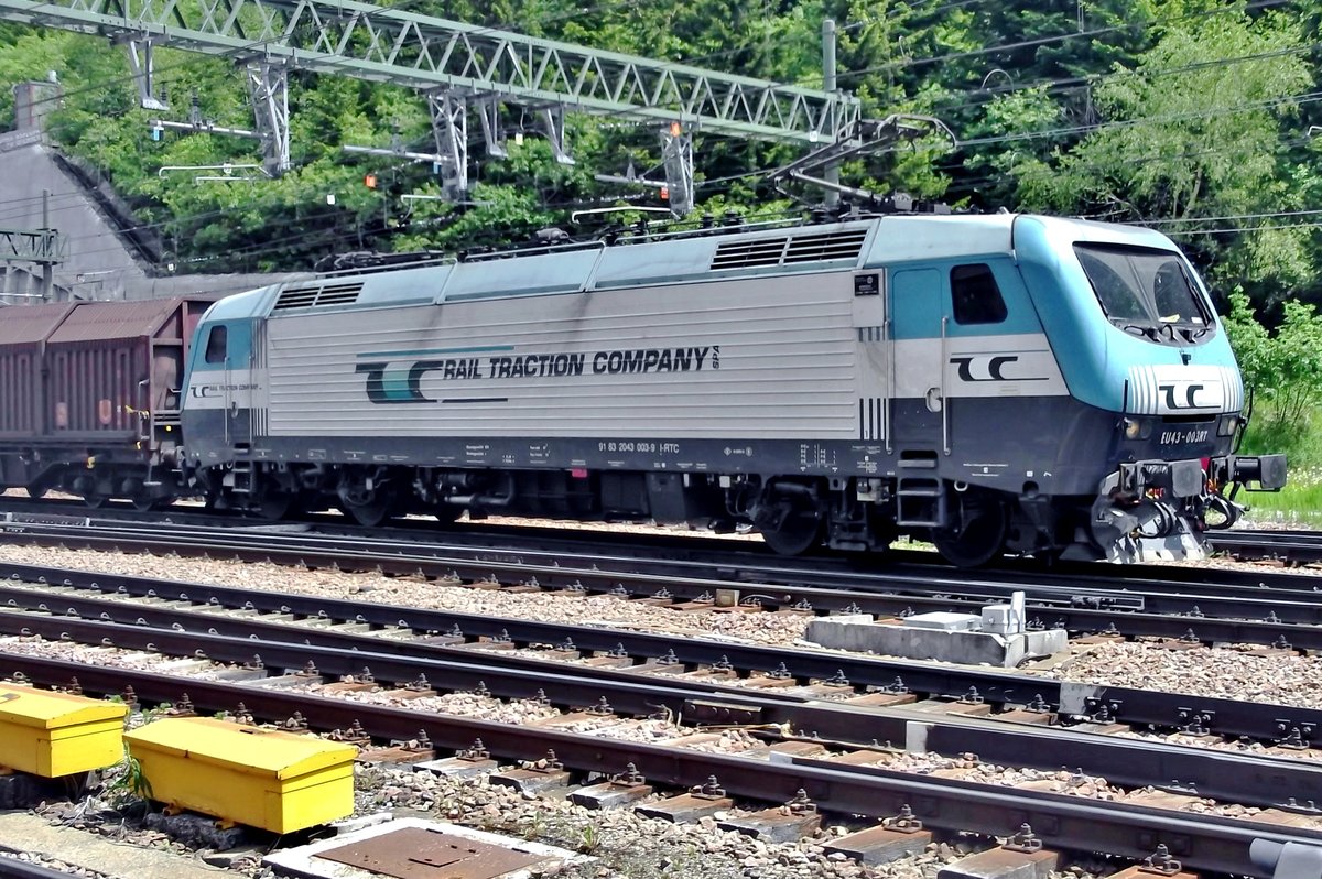 RTC EU43-003 hauls a steel train out of Brennero on 4 June 2015.