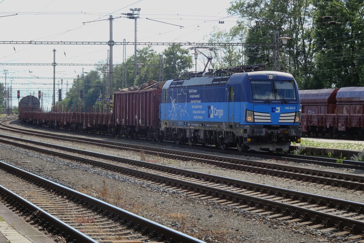 Sadly against the Sun: CD Cargo 383 002 hauls a short mixed freight through Hranice nad Morave on 21 June 2022.