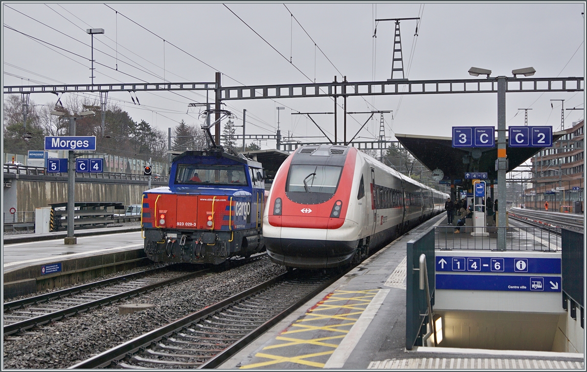 SBB Cargo Eem 923 and a RABDe 500 (ICN) in Morges. 

22.02.2024