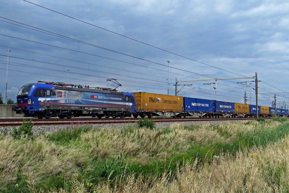 SBB Cargo International 193 518 hauls the P&O Ferrymasters container shuttle train through Valburg CUP on 2 July 2020.