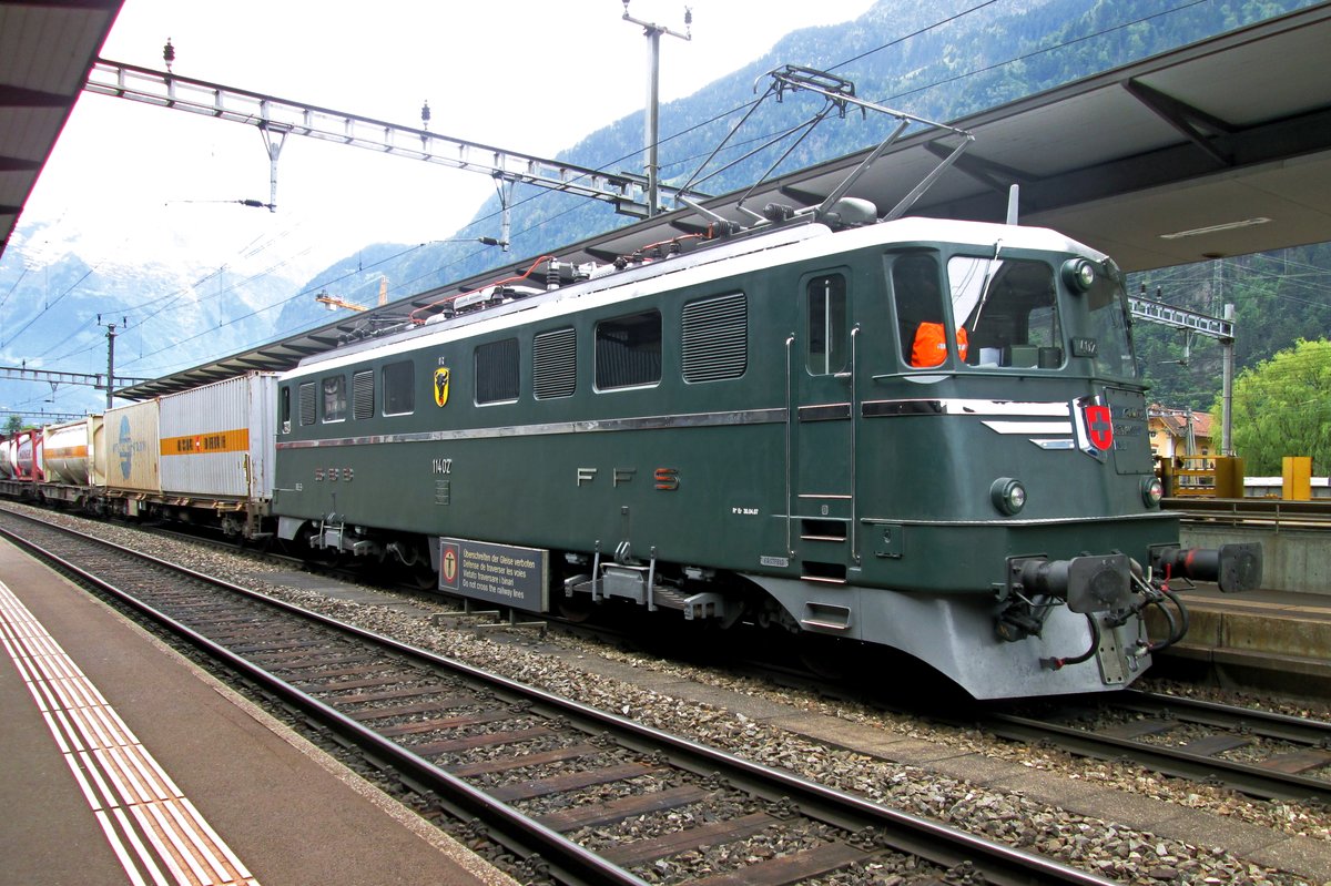 SBB Historic 11402 finds herself dispatched as banker at Erstfeld on 4 June 2014.
