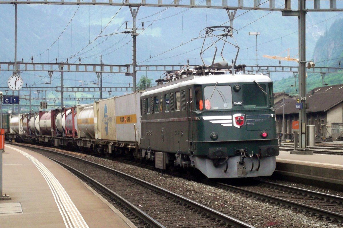 SBB Historic 11402 finds herself dispatched as banker at Erstfeld on 4 June 2014.