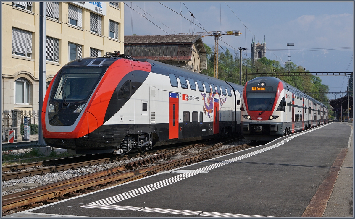 SBB RABe 502 (TWIDEXX) and 511 (KISS) in Vevey.
11.04.2017