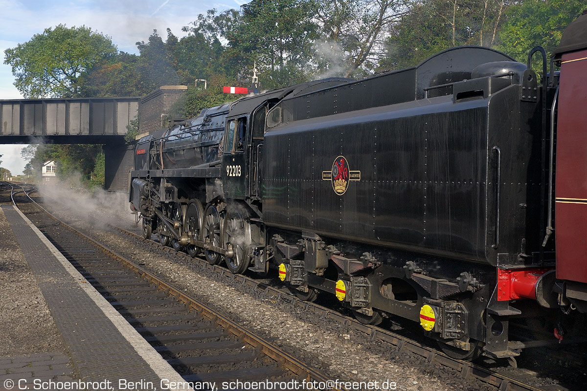 Sheringham,North Norfolk Railways, Class 9F 2-10-0 No. 92203  Black Prince , with the train to Holt awaiting departure. 2014,09,25

