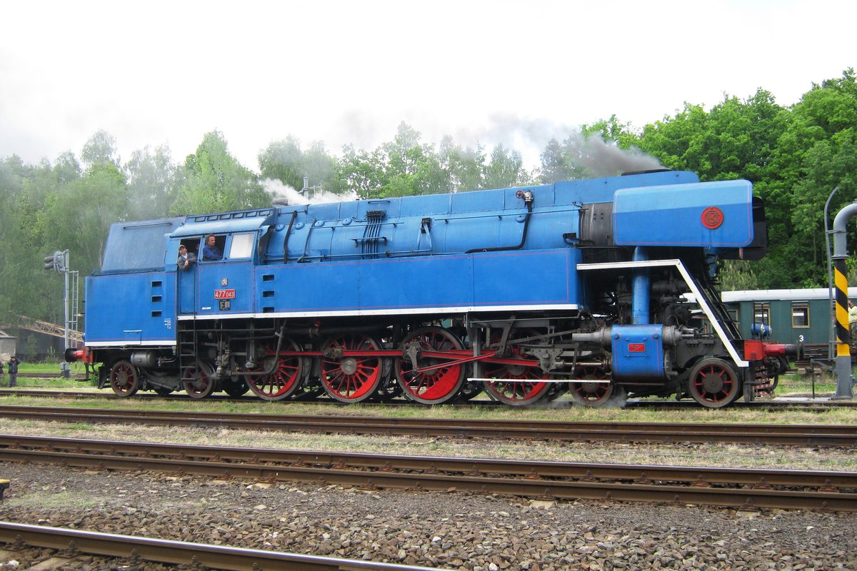 Side view on Papousek 477 043 at the railway museum of Luzna u Rakovnika on 13 May 2012.
