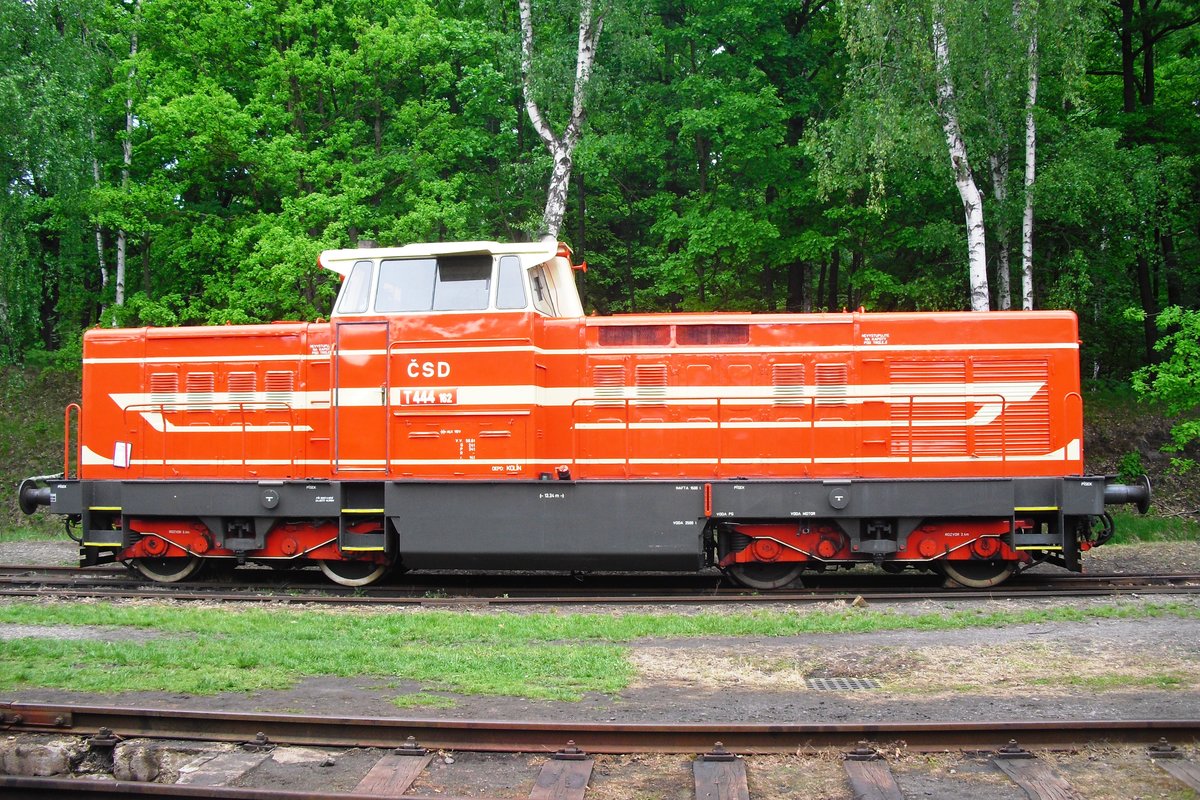 Side view on T444 162 at the railway museum of Luzna u Rakovnika on 13 May 2012.