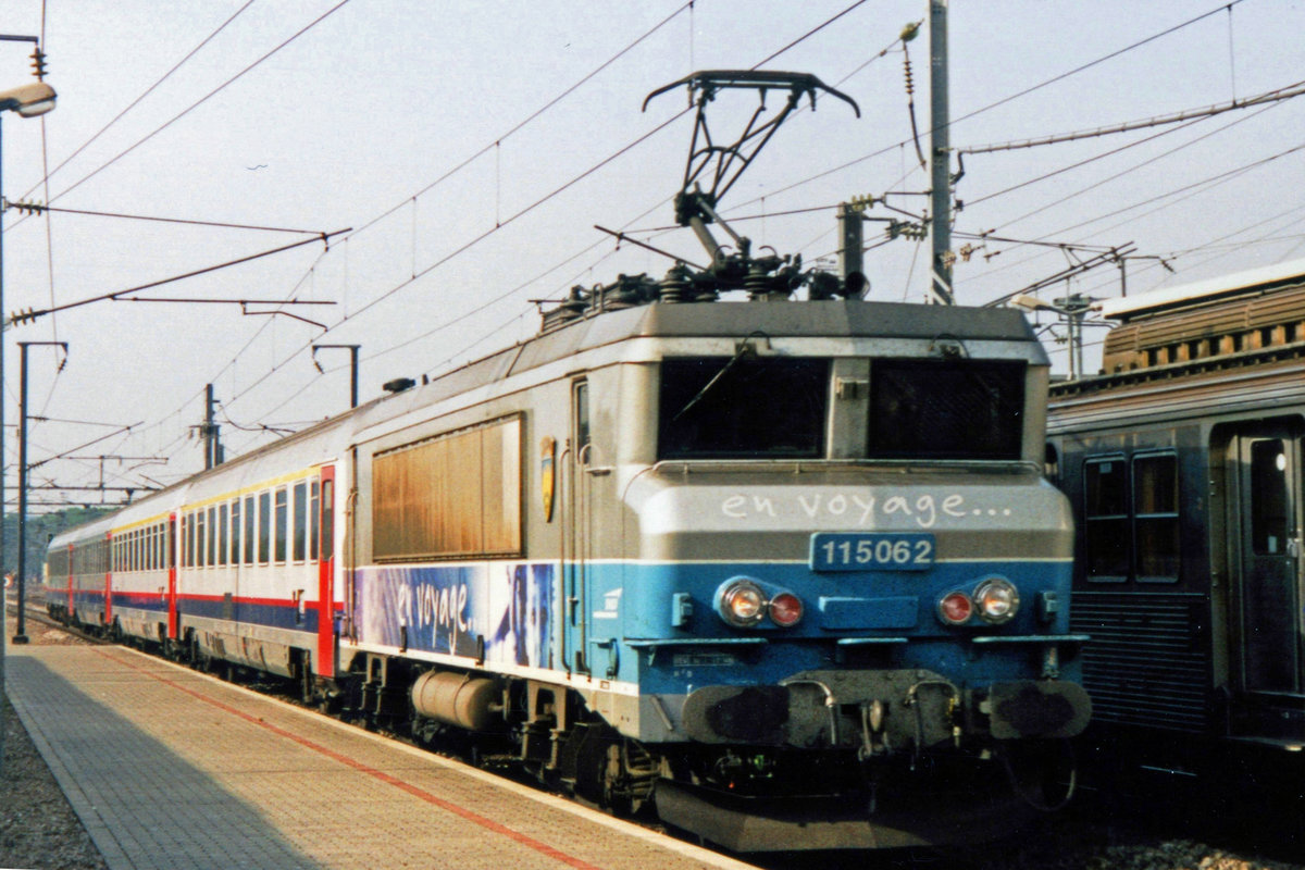 SNCF 15062 thunders through Bettembourg with a Basel bound EC on 20 May 2004.