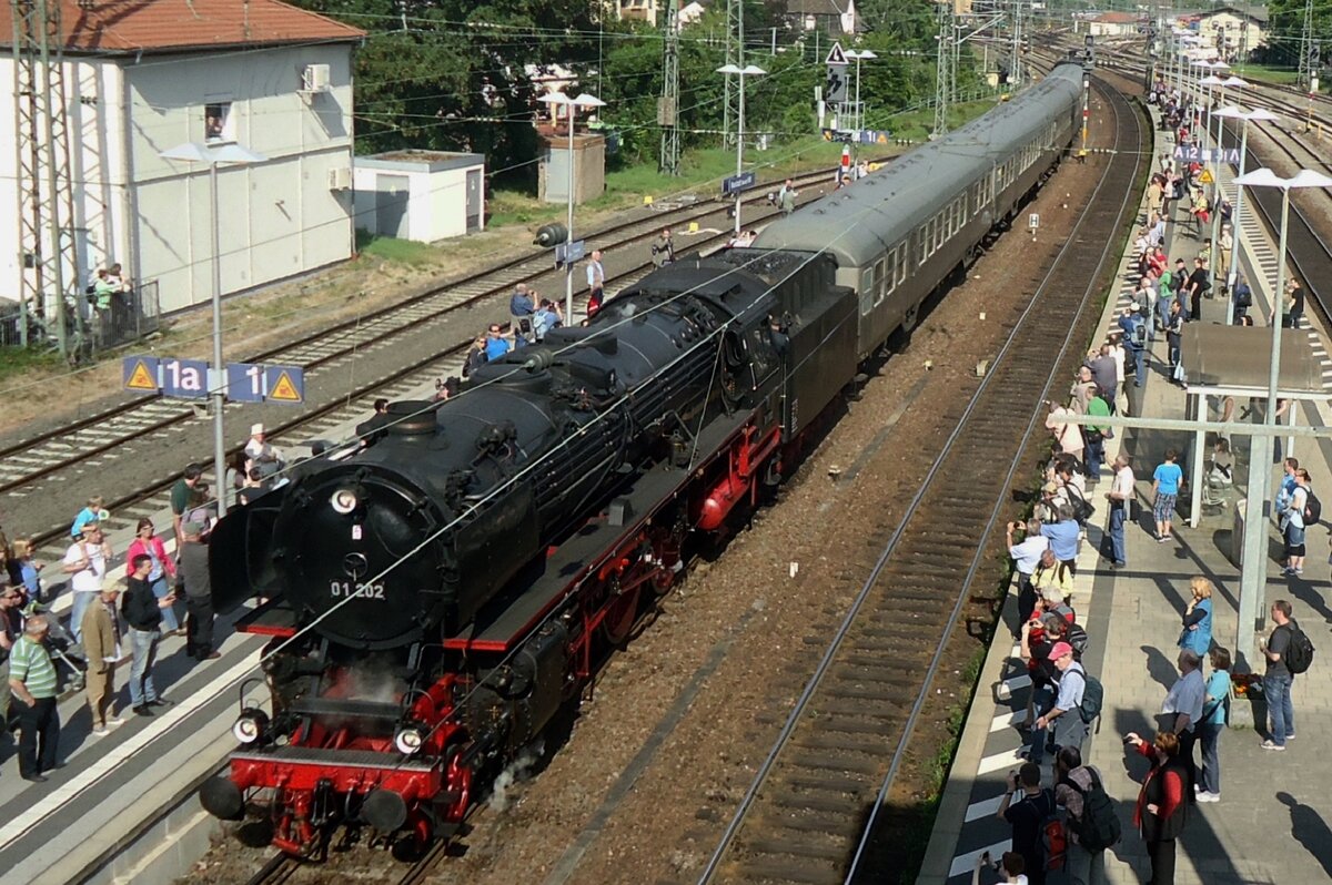 Some interest for 01 202 with her extra train at Neustadt (Weinstrasse) on 31 May 2014 during the Dampfspektakel in Rhineland-Palatinate.