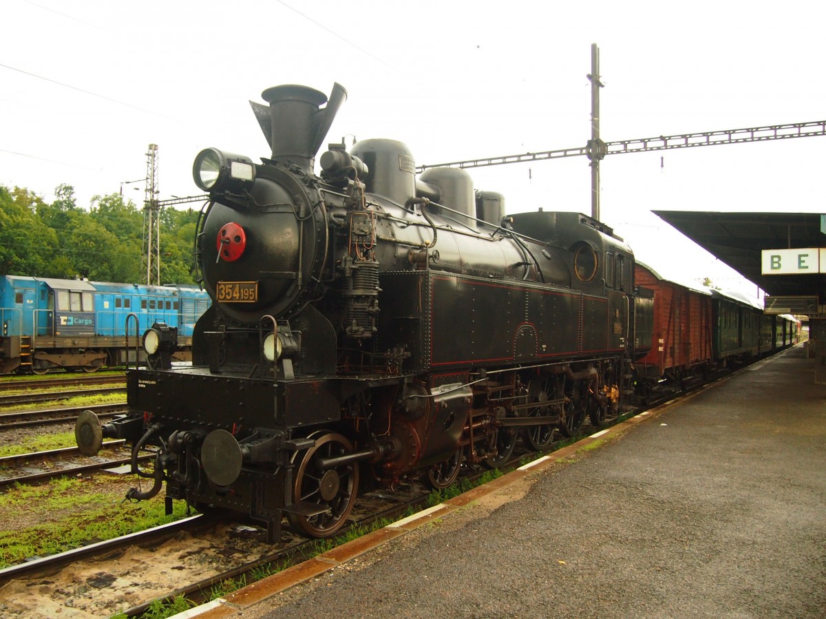 Steam locomotive 354.195 (year of manufacture 1925 in CKD) in Beroun on 25 July 2015.