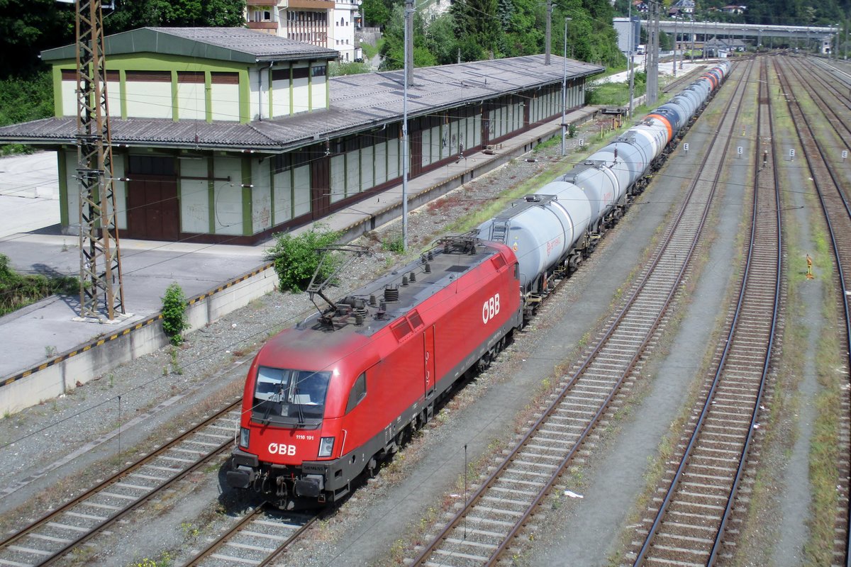 Tank train with 1116 191 takes a break in Kufstein on 18 May 2018. 