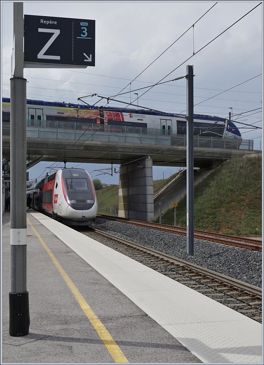 TGV 4419 to Mulhouse and a TER to Belfort in the Meroux -Belfort-Montbeliard TGV Station.

24.04.2019