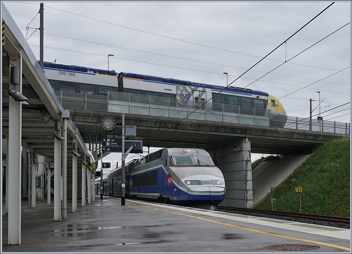 TGV 6701 to Mulhoue and TER to Belfort in the Merous - Belfort Montélimard TGV Station. 

28.05.2019