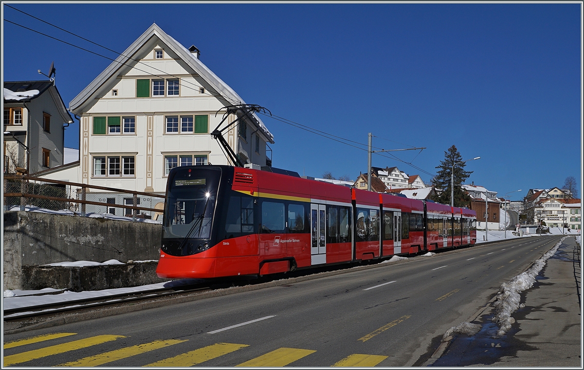 The AB ABe 4/6 4107 / Be 4/6 4007  Tango  on the way to Appenzell is shortly arriving at Speicher.

24.03.2021