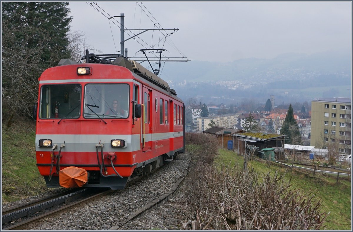 The AB BDeh 4/4 11  St Gallen  wiht a local train to Appenzell near the Stop Riethüsli.
17.03.2018