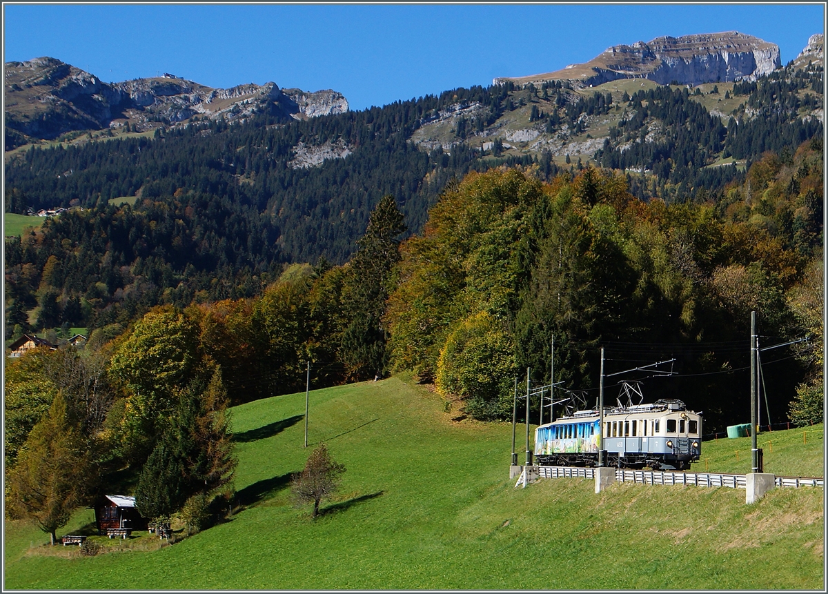 The ASD BCF 4/4 N° 1 and the BDe 4/4 N° 2 with a special train near Les Planches. 18.10.2014