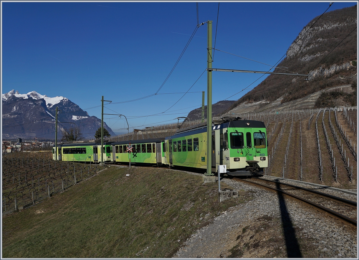The ASD BDe 4/4 403 wiht Bt and BDe 4/4 404 in the vineyard by Aigle. This train is on the way to Les Diablerets.


17.02.2019B 