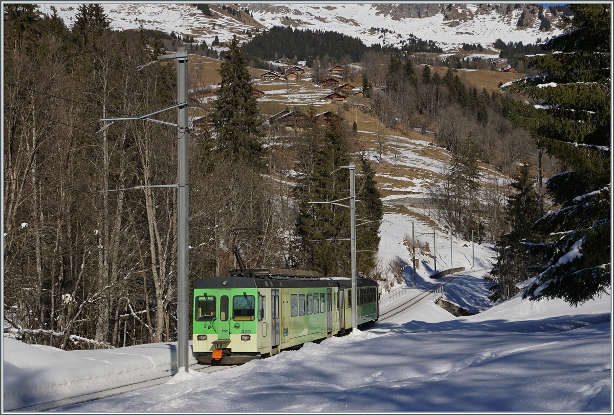 The ASD BDe 4/4 403 with his Bt 431 by Vers l'Eglise on the way to Les Diablerets. 

25.01.2022