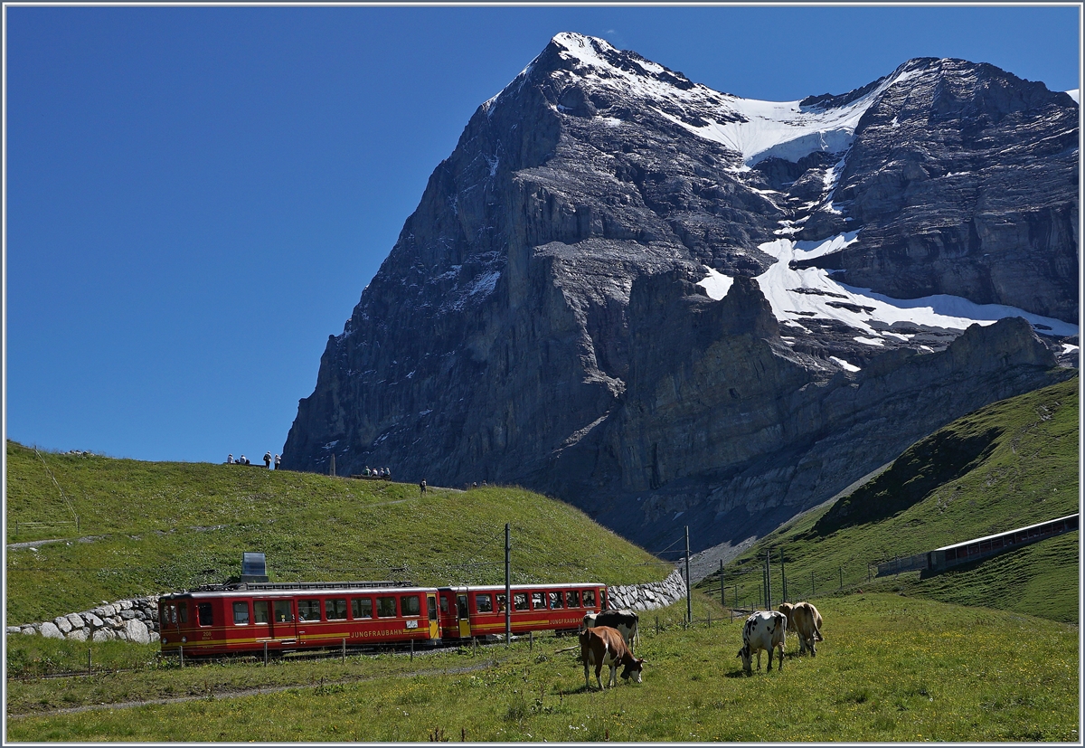 The BDeh 2/4 208 and Bt between the Kleine Schiedegg and the Eigergletscher Station. 08.08.2016