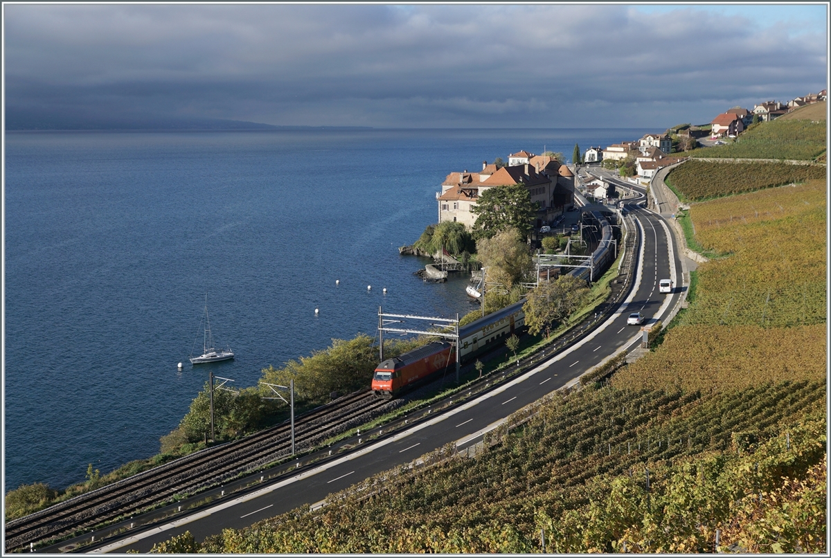 The beautiful Lavaux landscape: A SBB Re 460 wiht his IR90 from Geneva Airport ot Brig by Rivaz. 

25.10.2022