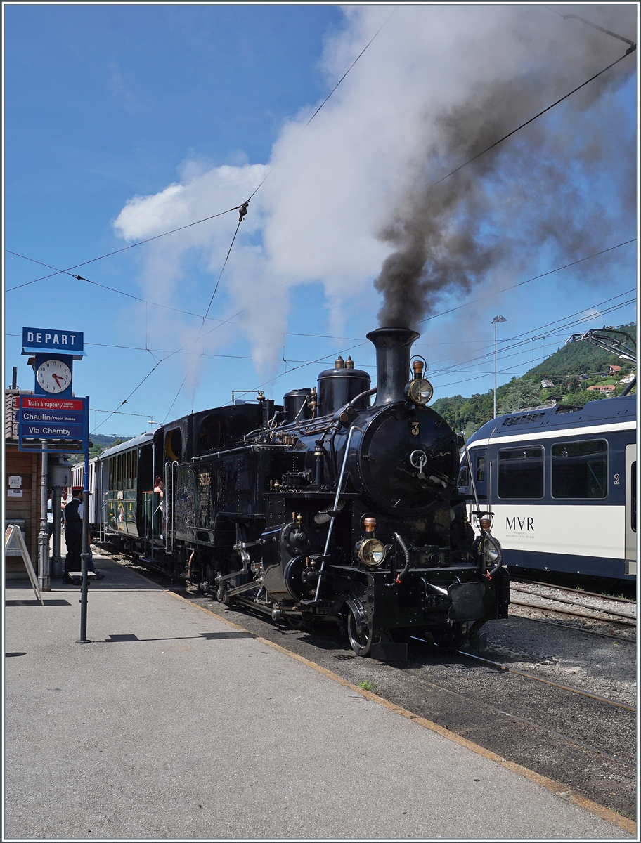 The BFD HG 3/4 No. 3 of the Blonay Chamby Railway is ready to depart in Blonay with its steam train to Chaulin.

June 7, 2026
