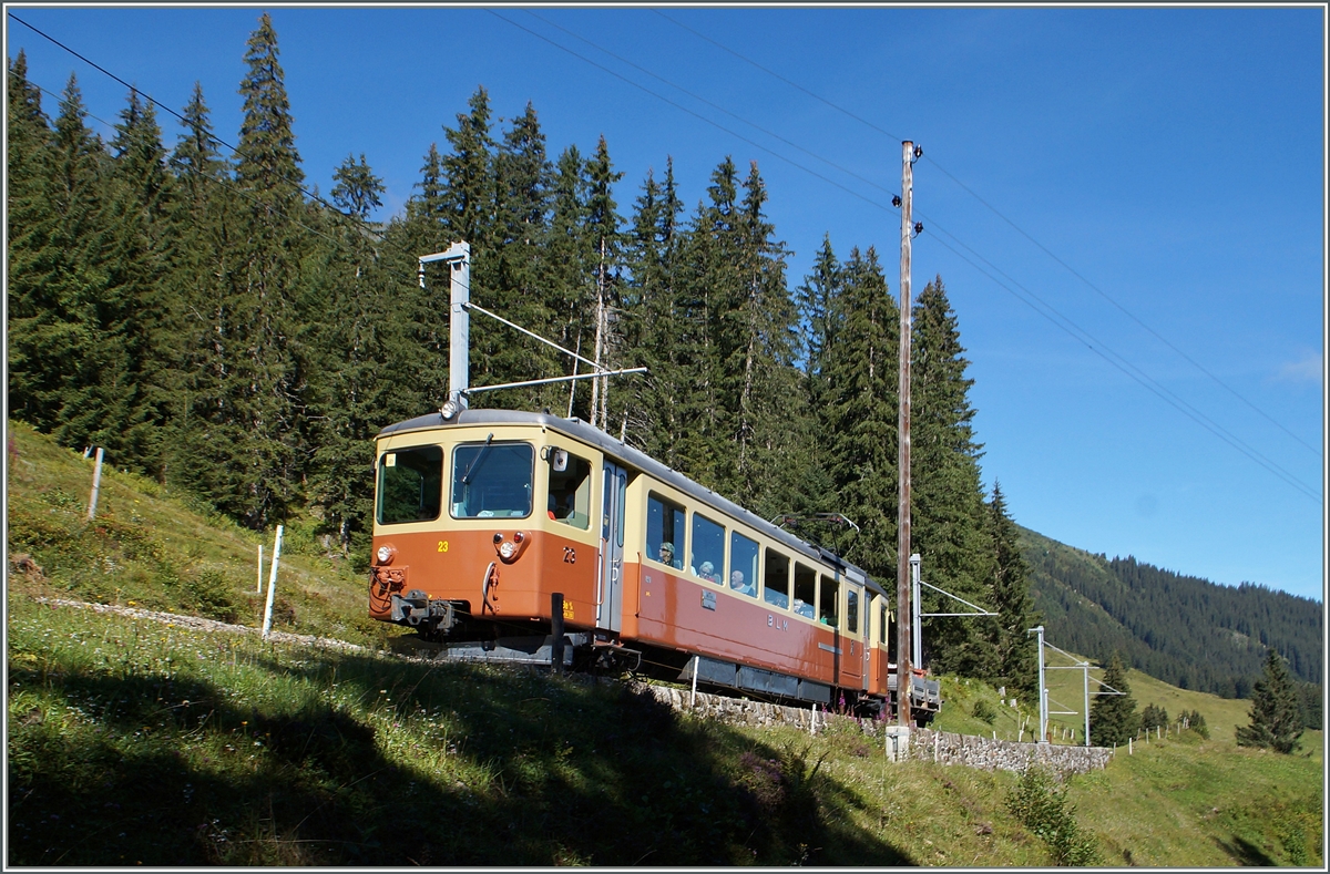 The BLM Be 4/4 23 between Grütschalp and Winteregg. 28.08.2014