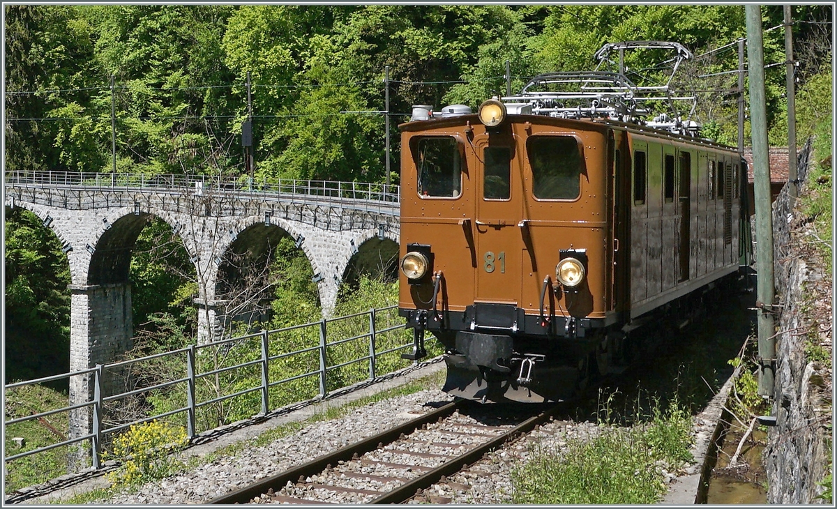 The Blonay-Chamby Bernina Bahn Ge 4/4 N° 81 on the Baye of Clarens Viaduct on the way to Chamby. 

23.05.2021