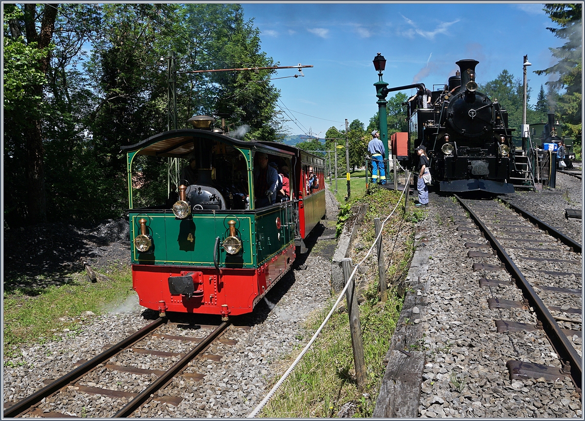 The Blonay-Chamby G 2/2 N° 4 (FP) on the way to Chamby and in the background the HGe 3/4 N° 3. 

08.06.2019