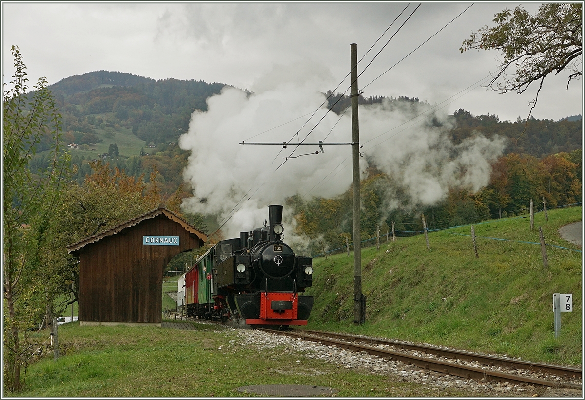 The Blonay-Chamby G 2x 2/2 105 by the station Cornaux. 

18.10.2020