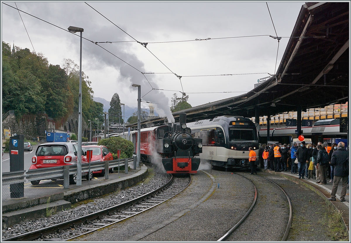 The Blonay-Chamby G 2x 2/2 N° 105 and CEV MVR ABeh 2/6 7502  Blonay  in Vevey.

27.09.2021