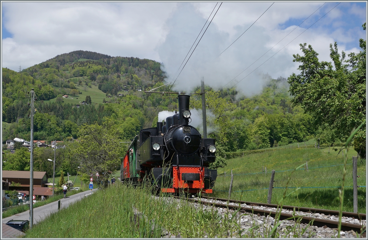 The Blonay-Chamby G 2x 2/2 105 (ex SEG) on the way to Chaulin near Cornaux. 

22.05.2021