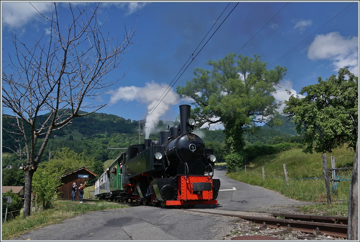 The Blonay-Chamby G 2x 2/2 105 from Blonay to Chaulin in Cornaux.

05.06.2022