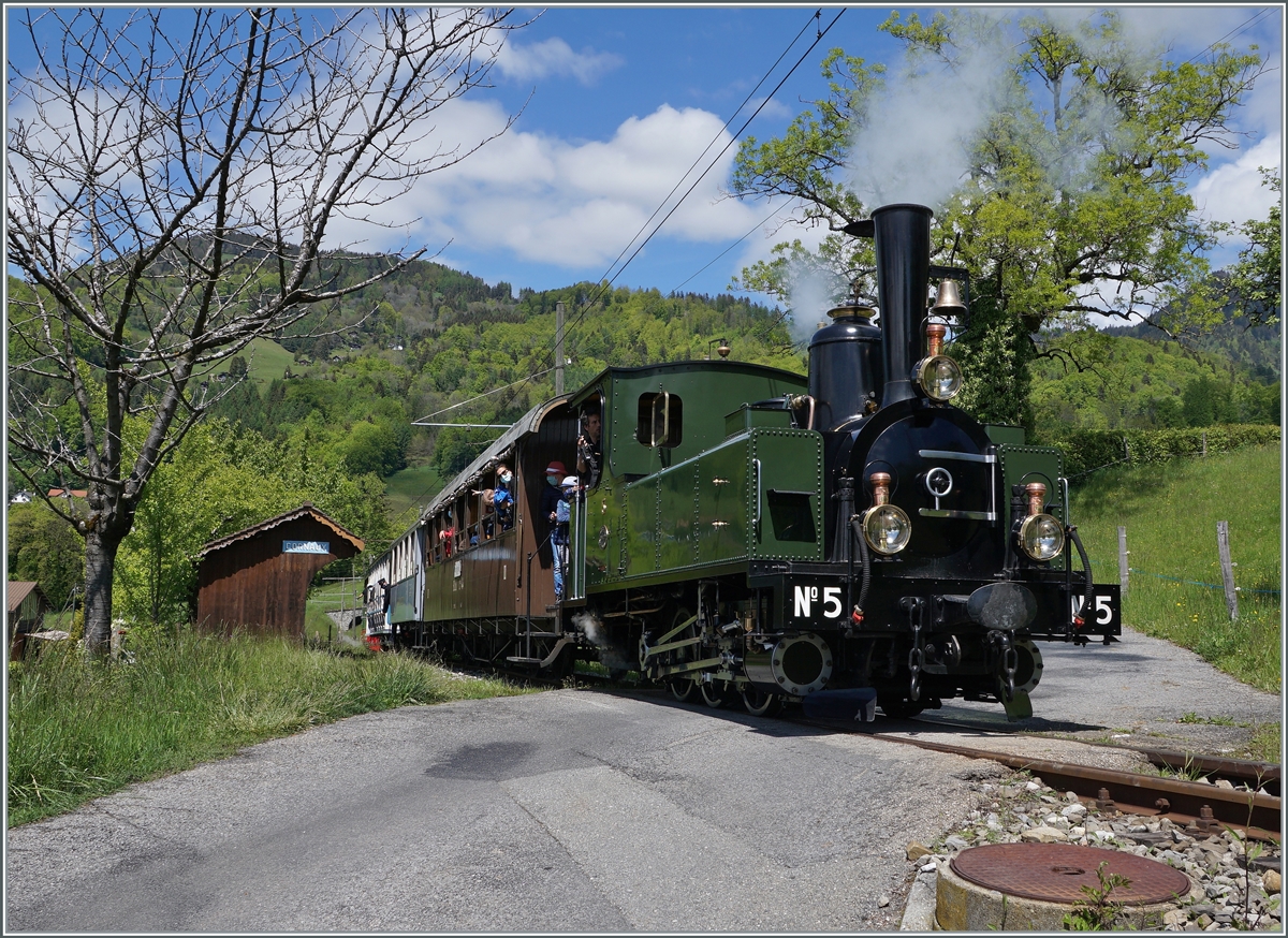 The Blonay-Chamby G 3/3 N° 5 (ex LEB) on the way to Chaulin by Cornaux.

22.05.2021