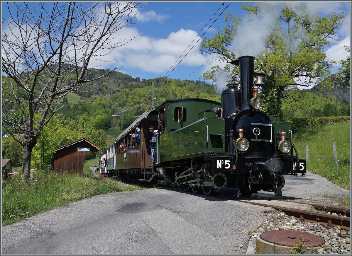 The Blonay-Chamby G 3/3 N° 5 (ex LEB) on the way to Chaulin by Cornaux.

22.05.2021