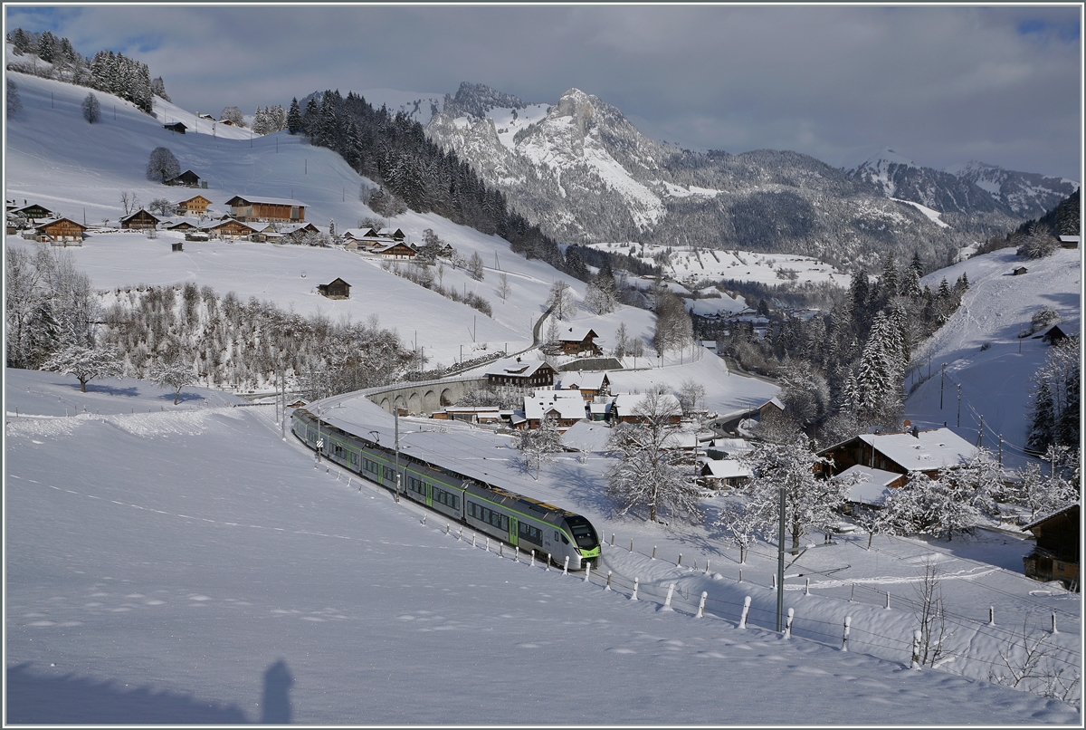 The BLS MIKA RABe 528 105 (Flirt 4) on the way back from Zweisimmen to Bern by Garstatt. 

20.01.2023