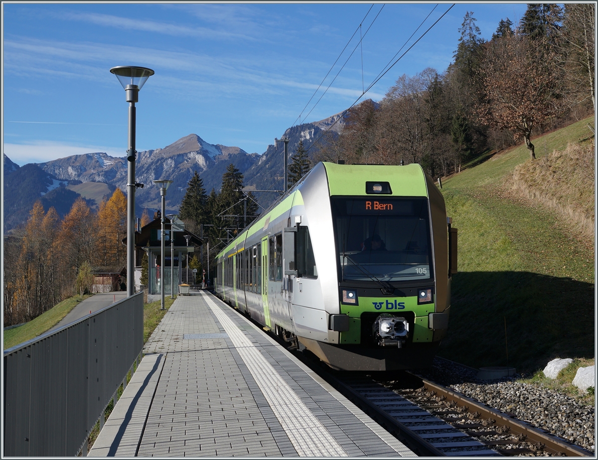 The BLS RABe 535 105  Lötschberger  on the way to Bern by his stop in Weissenburg.

25.11.2020