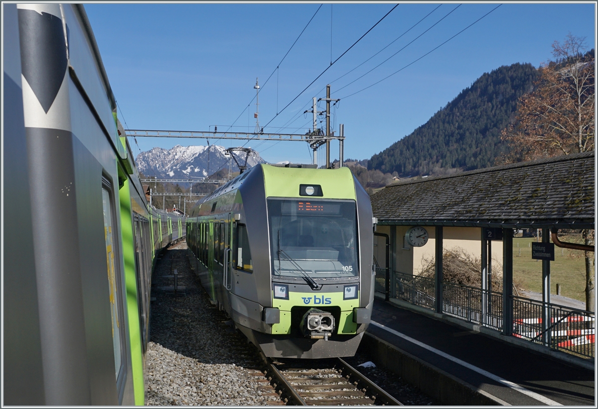 The BLS RABe 535 105  Lötschberger  from Zweismmen to Bern by his stop in Boltigen. 

17.02.2021