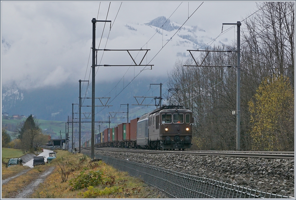 The BLS Re 4/4 172 and a BLS Re 465 with a Cargo Train near Muelenen. 
09.11.2017