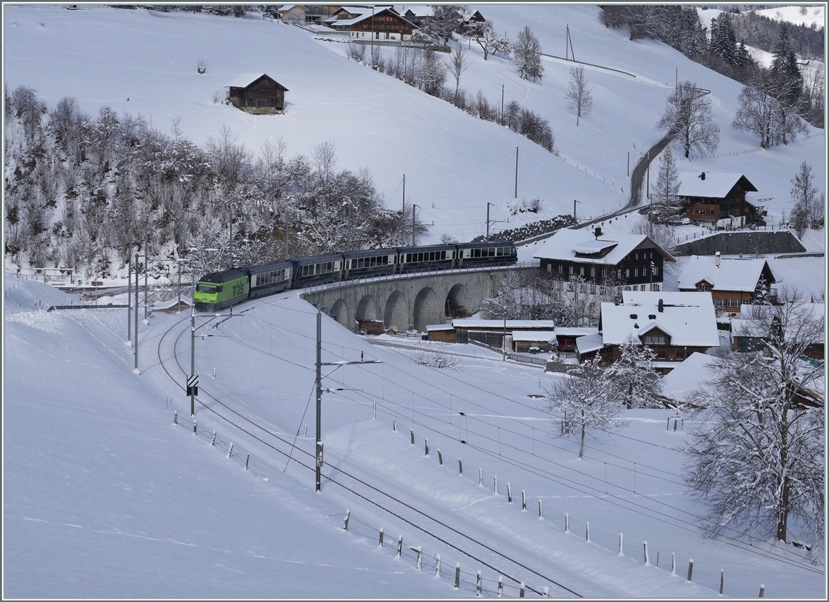 The BLS Re 465 001 with the GoldenPass Express 4068 on the way from Montreux to Interlaken Ost by Garstatt.

20.01.2023